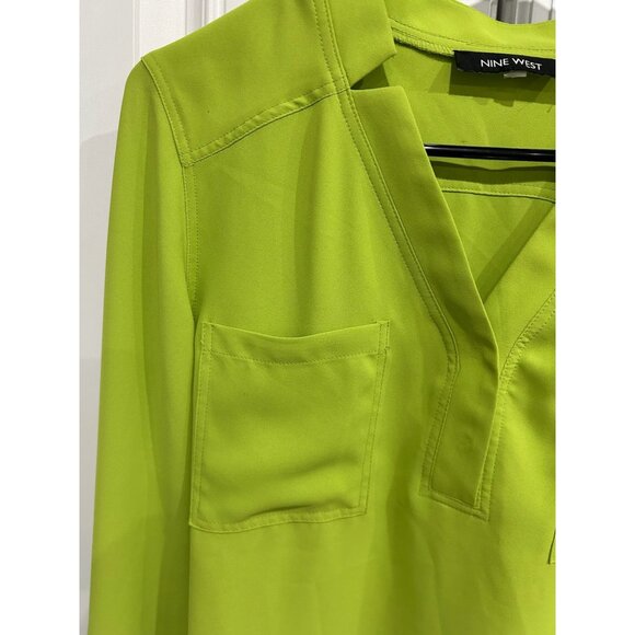 Nine West Womens Lime Green Long Sleeve Blouse V Neck Chest Pockets Size M - Picture 4 of 10
